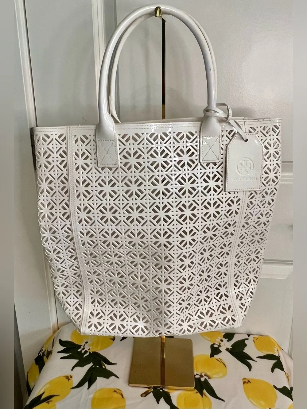 Tory Burch White PVC Laser-Cut Tote Bag